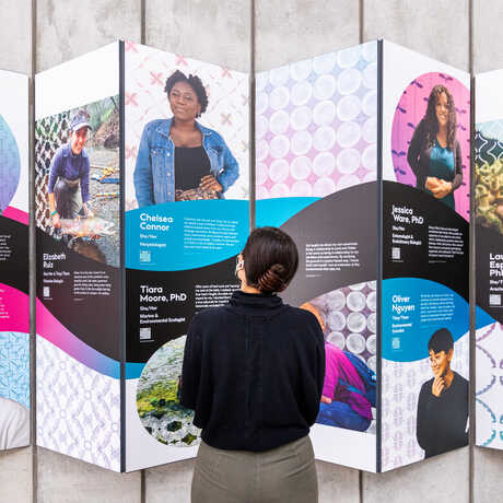 Guest looks at New Science exhibit panel featuring portraits of LGBTQ+ scientists
