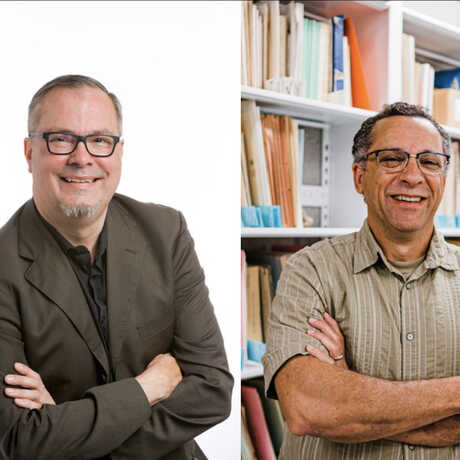 Composite image of ryan wyatt, left, and peter roopnarine, right, both standing with arms folded and smiling. 