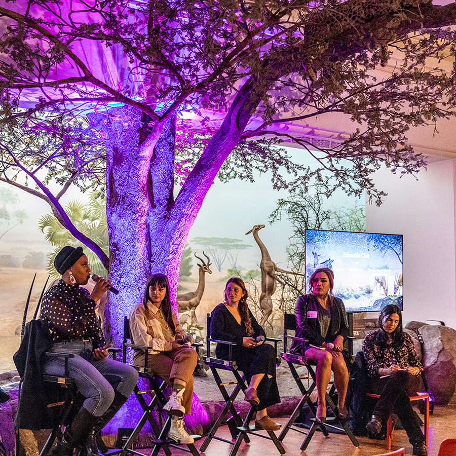 A panel of people speaks to guests during a live talk in African Hall